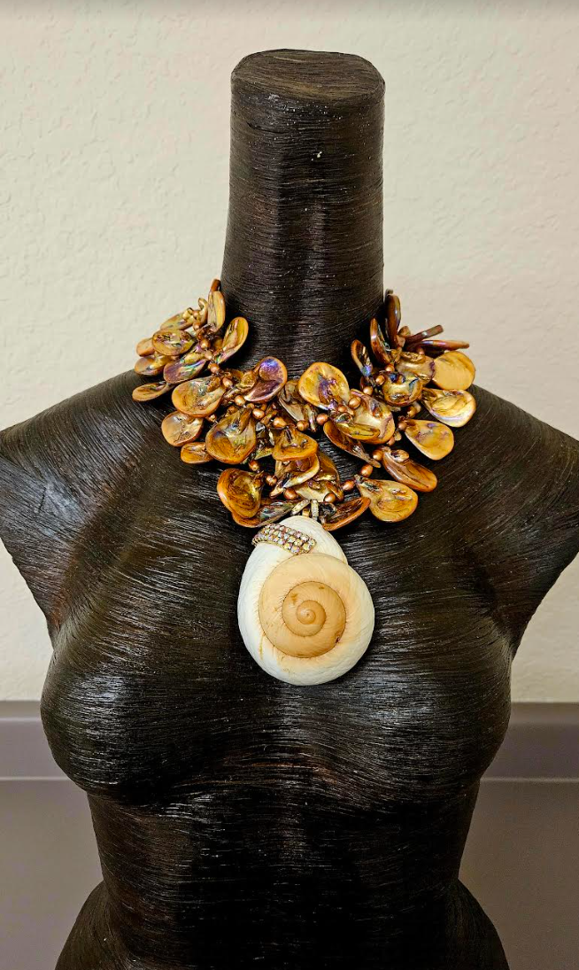 Bronze Mother of Pearl & Freshwater Pearl Statement Necklace - Citrine Accented Shell Pendant - Haute Couture Artisan Copper Abalone Summer Neck Candy - Kat Kouture Jewelry