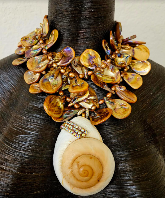 Bronze Mother of Pearl & Freshwater Pearl Statement Necklace - Citrine Accented Shell Pendant - Haute Couture Artisan Copper Abalone Summer Neck Candy - Kat Kouture Jewelry