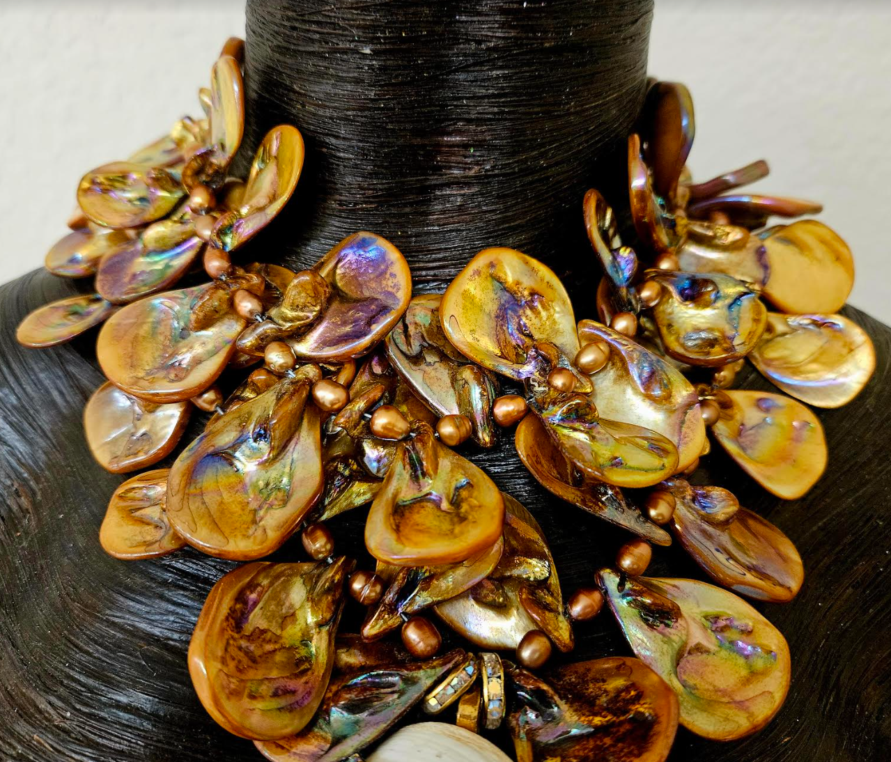 Bronze Mother of Pearl & Freshwater Pearl Statement Necklace - Citrine Accented Shell Pendant - Haute Couture Artisan Copper Abalone Summer Neck Candy - Kat Kouture Jewelry