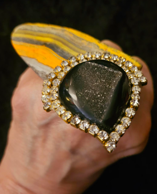 Bumblebee Jasper Slab & Black Druzy Agate Adjustable Statement Ring - Mixed Gemstone Summer Hand Finger Candy - Kat Kouture Jewelry