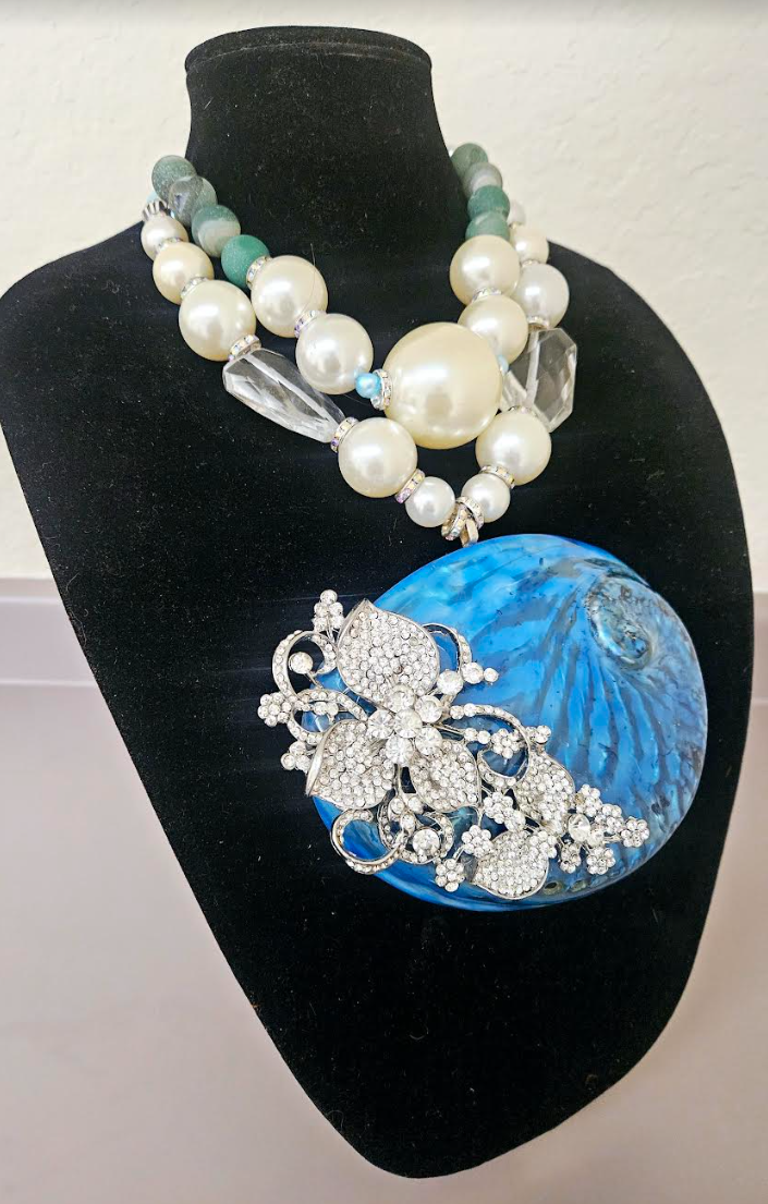 Blue Abalone Rhinestone Shell Statement Pendant With Oversized Faux Pearl Necklace - Mother of the Bride Chest Piece - Wedding Bridal Venue Jewelry - Kat Kouture Wearable Art Jewelry