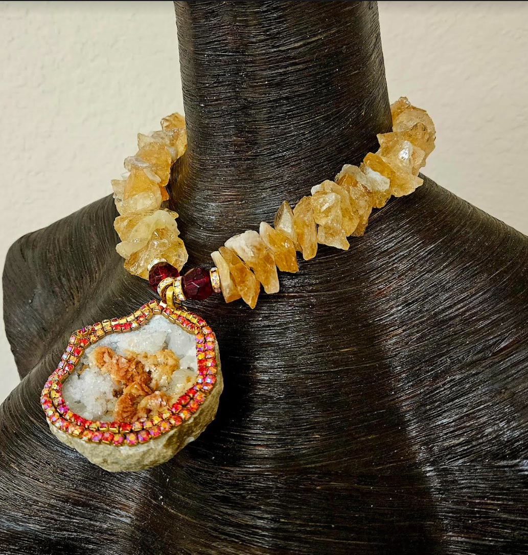 Rough Citrine Gemstone Necklace with Heavily Crystallized Druzy Geode Pendant - Gemstone Neck Candy for Petite Women - Rocker Chic Rough Gemstone Amulet -  Kat Kouture Wearable Art Jewelry