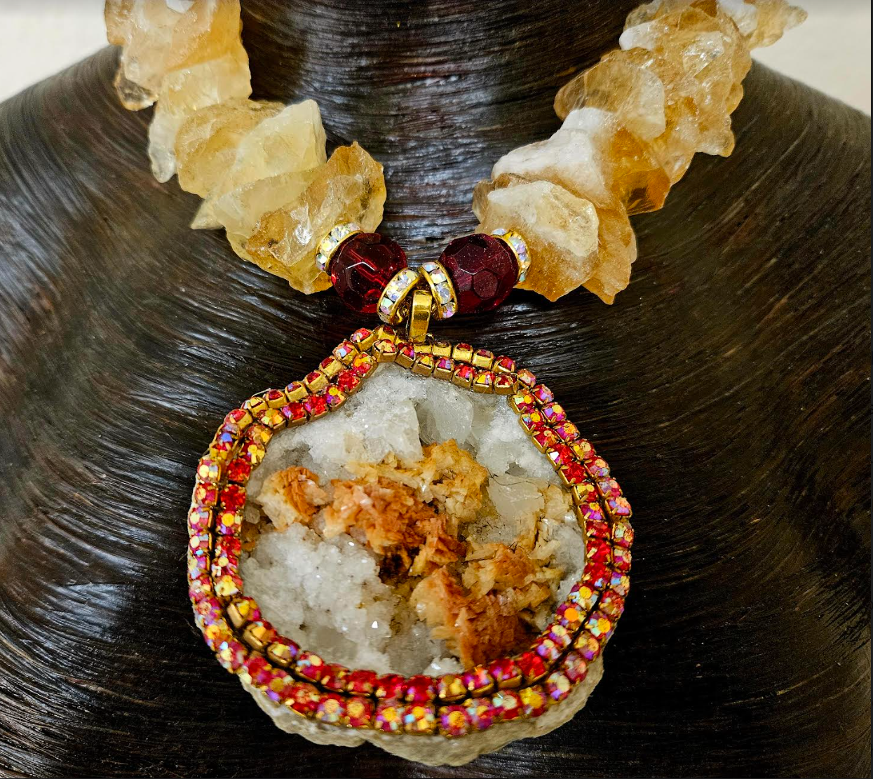 Rough Citrine Gemstone Necklace with Heavily Crystallized Druzy Geode Pendant - Gemstone Neck Candy for Petite Women - Rocker Chic Rough Gemstone Amulet -  Kat Kouture Wearable Art Jewelry