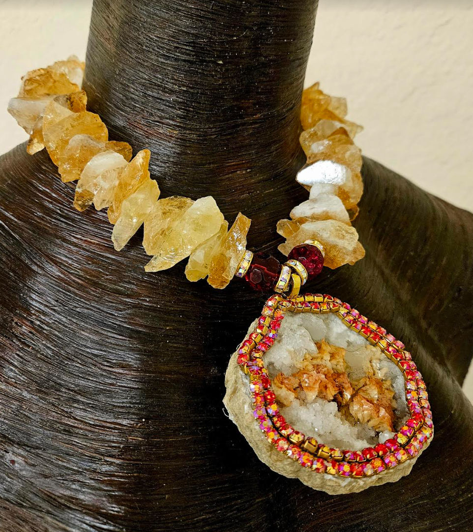 Rough Citrine Gemstone Necklace with Heavily Crystallized Druzy Geode Pendant - Gemstone Neck Candy for Petite Women - Rocker Chic Rough Gemstone Amulet -  Kat Kouture Wearable Art Jewelry