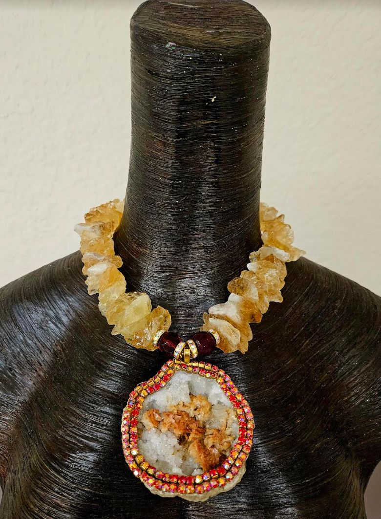 Rough Citrine Gemstone Necklace with Heavily Crystallized Druzy Geode Pendant - Gemstone Neck Candy for Petite Women - Rocker Chic Rough Gemstone Amulet -  Kat Kouture Wearable Art Jewelry