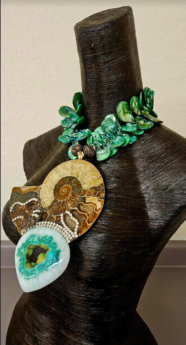 Huge Ammonite With Druzy Agate & Rhinestones Chest Piece - Green Aurora Borealis Shell Choker - Luxury OOAK Wearable Art - Kat Kouture Jewelry