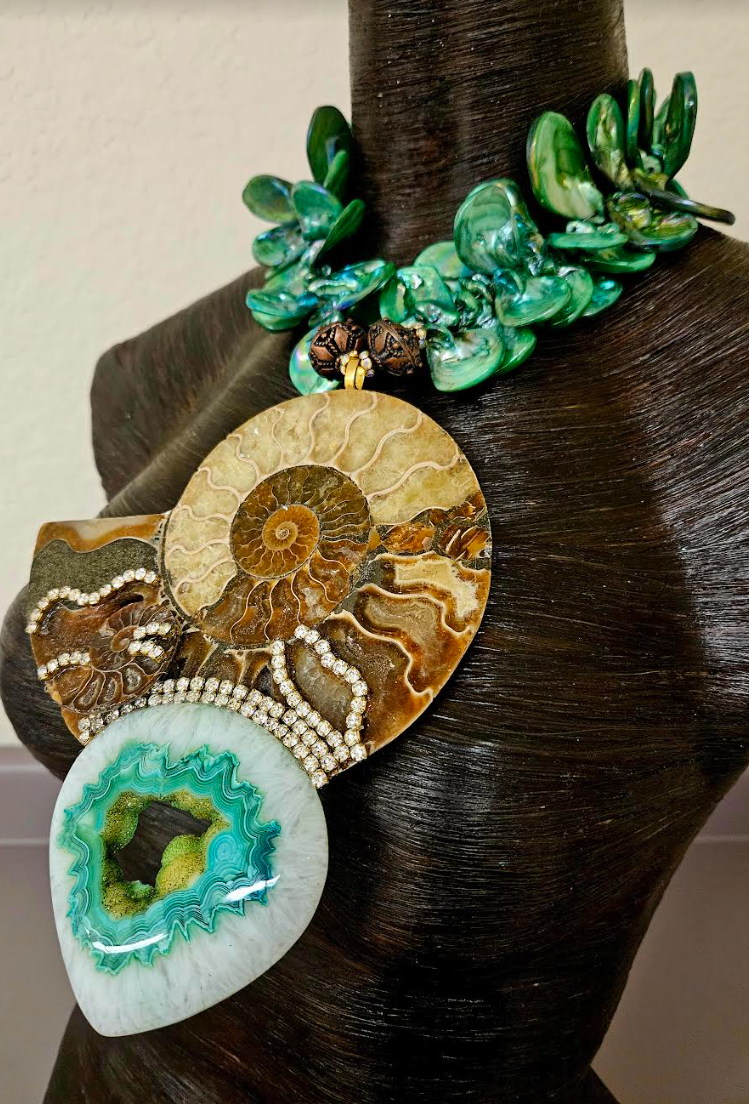 Huge Ammonite With Druzy Agate & Rhinestones Chest Piece - Green Aurora Borealis Shell Choker - Luxury OOAK Wearable Art - Kat Kouture Jewelry