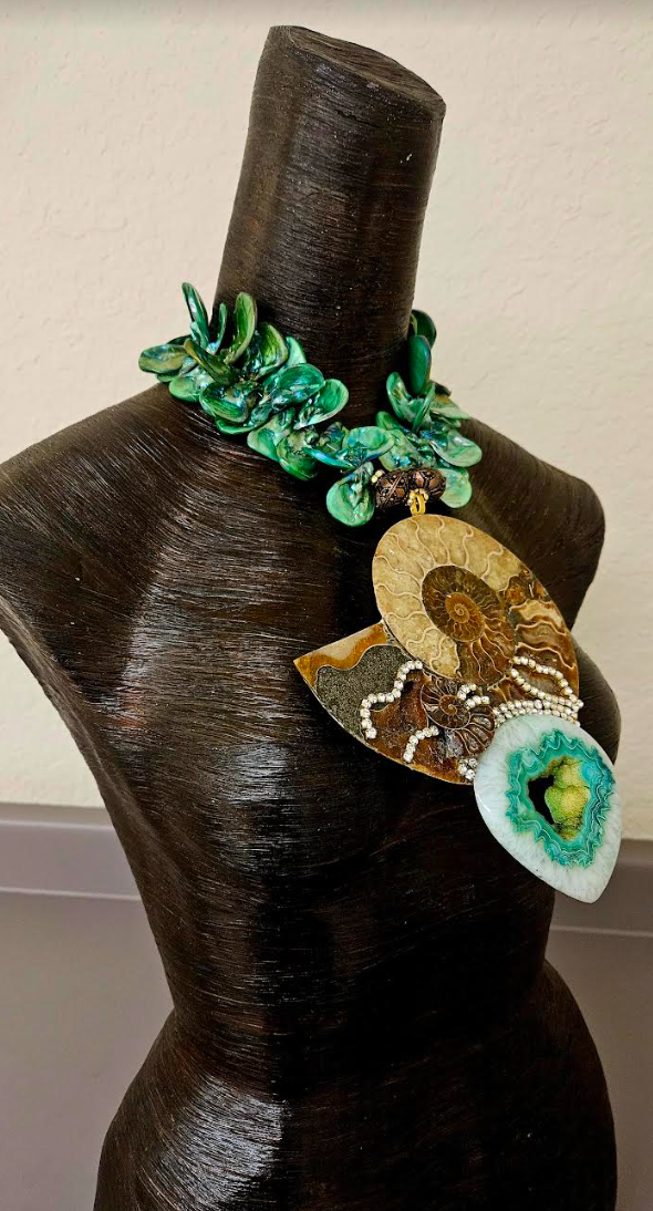 Huge Ammonite With Druzy Agate & Rhinestones Chest Piece - Green Aurora Borealis Shell Choker - Luxury OOAK Wearable Art - Kat Kouture Jewelry