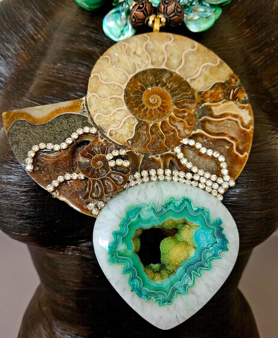 Huge Ammonite With Druzy Agate & Rhinestones Chest Piece - Green Aurora Borealis Shell Choker - Luxury OOAK Wearable Art - Kat Kouture Jewelry