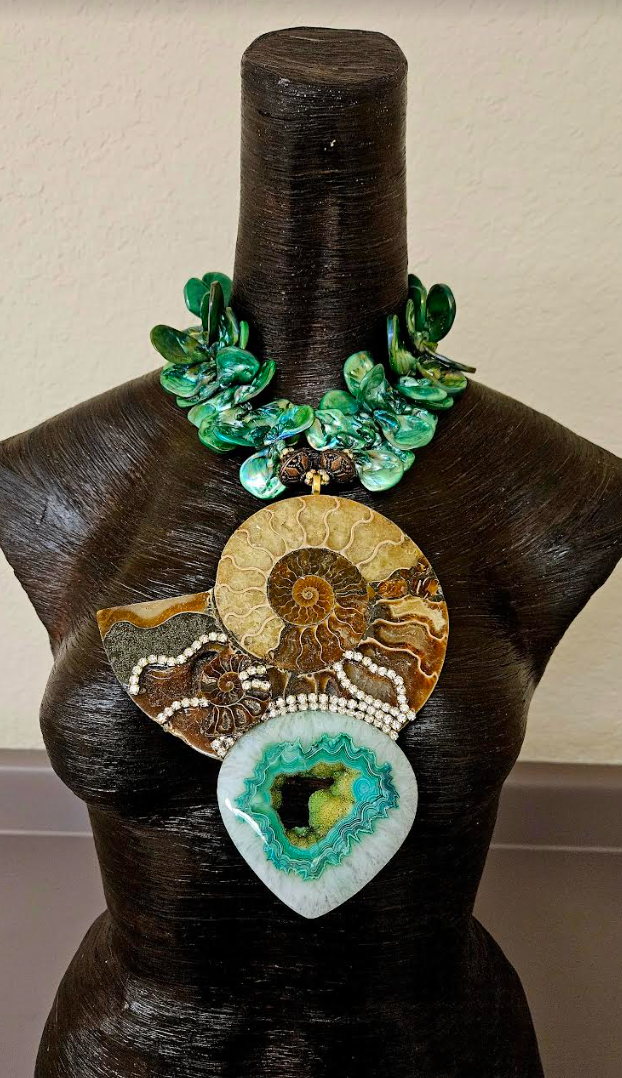 Huge Ammonite With Druzy Agate & Rhinestones Chest Piece - Green Aurora Borealis Shell Choker - Luxury OOAK Wearable Art - Kat Kouture Jewelry