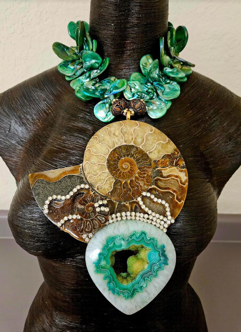 Huge Ammonite With Druzy Agate & Rhinestones Chest Piece - Green Aurora Borealis Shell Choker - Luxury OOAK Wearable Art - Kat Kouture Jewelry