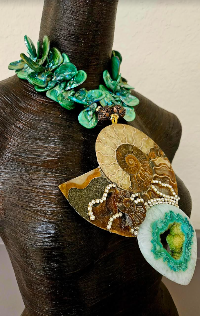 Huge Ammonite With Druzy Agate & Rhinestones Chest Piece - Green Aurora Borealis Shell Choker - Luxury OOAK Wearable Art - Kat Kouture Jewelry