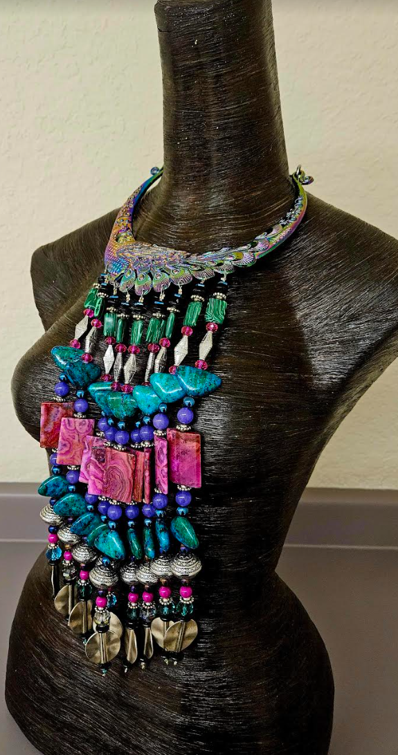 Museum Quality Jewel Tone Miao Peacock Torc with Beaded Waterfall Dangles - Catwalk Couture Luxury Beaded Chest Piece - Kat Kouture Jewelry - Award Show Accessory