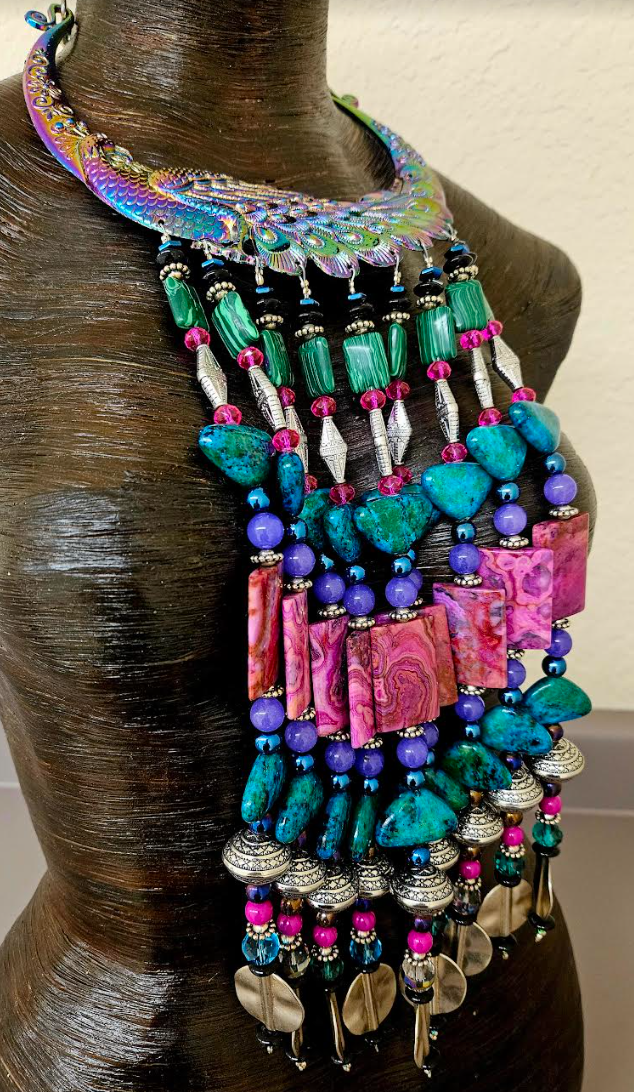 Museum Quality Jewel Tone Miao Peacock Torc with Beaded Waterfall Dangles - Catwalk Couture Luxury Beaded Chest Piece - Kat Kouture Jewelry - Award Show Accessory