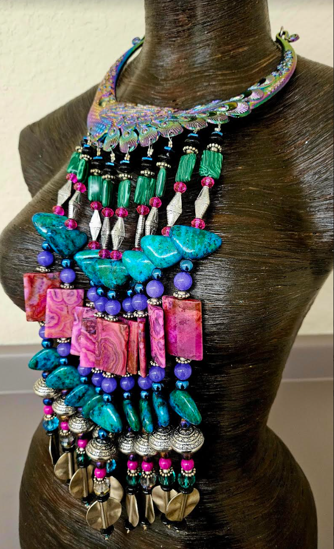 Museum Quality Jewel Tone Miao Peacock Torc with Beaded Waterfall Dangles - Catwalk Couture Luxury Beaded Chest Piece - Kat Kouture Jewelry - Award Show Accessory