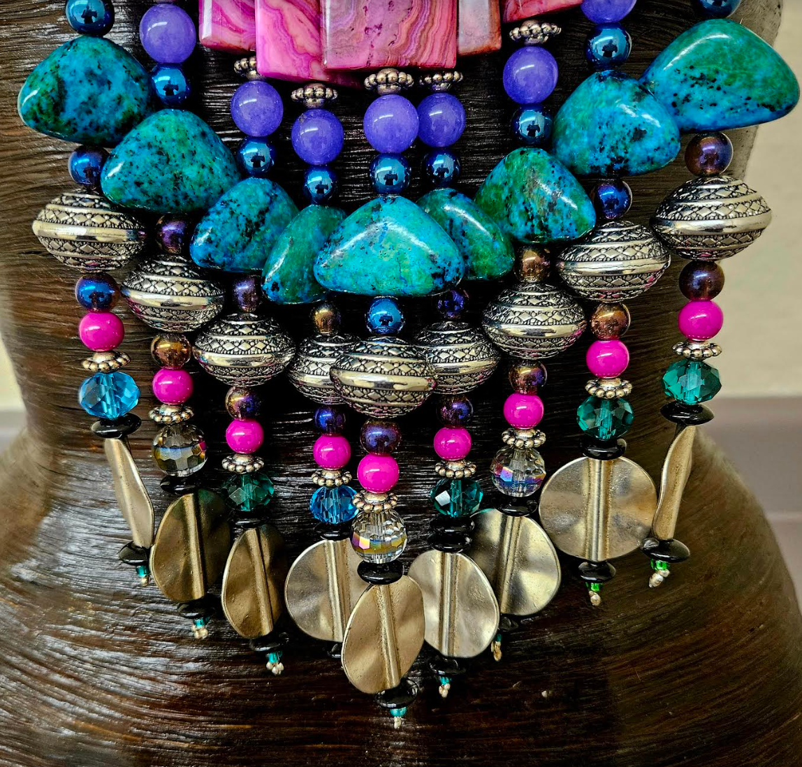 Museum Quality Jewel Tone Miao Peacock Torc with Beaded Waterfall Dangles - Catwalk Couture Luxury Beaded Chest Piece - Kat Kouture Jewelry - Award Show Accessory