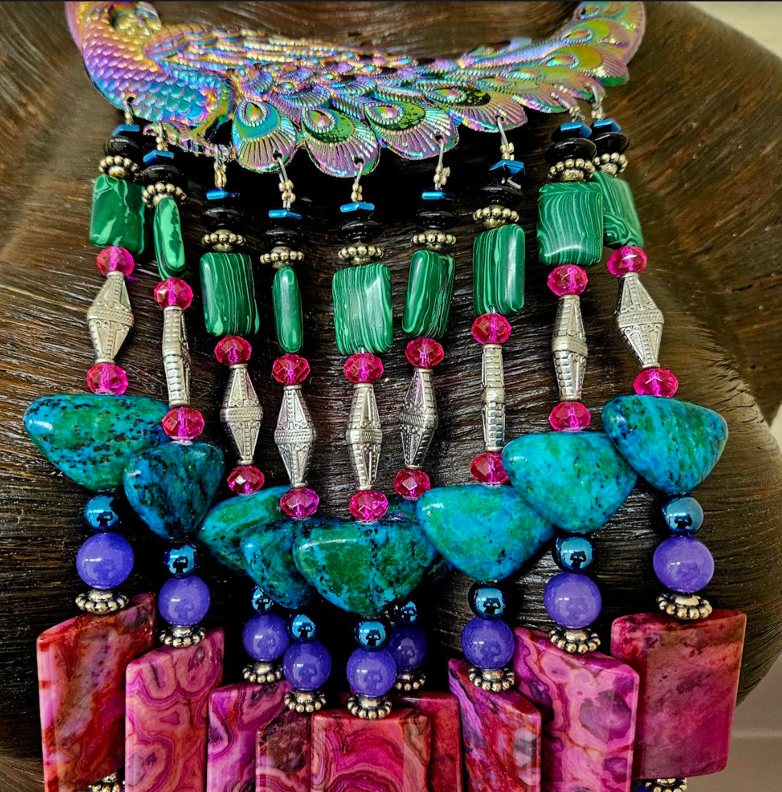 Museum Quality Jewel Tone Miao Peacock Torc with Beaded Waterfall Dangles - Catwalk Couture Luxury Beaded Chest Piece - Kat Kouture Jewelry - Award Show Accessory