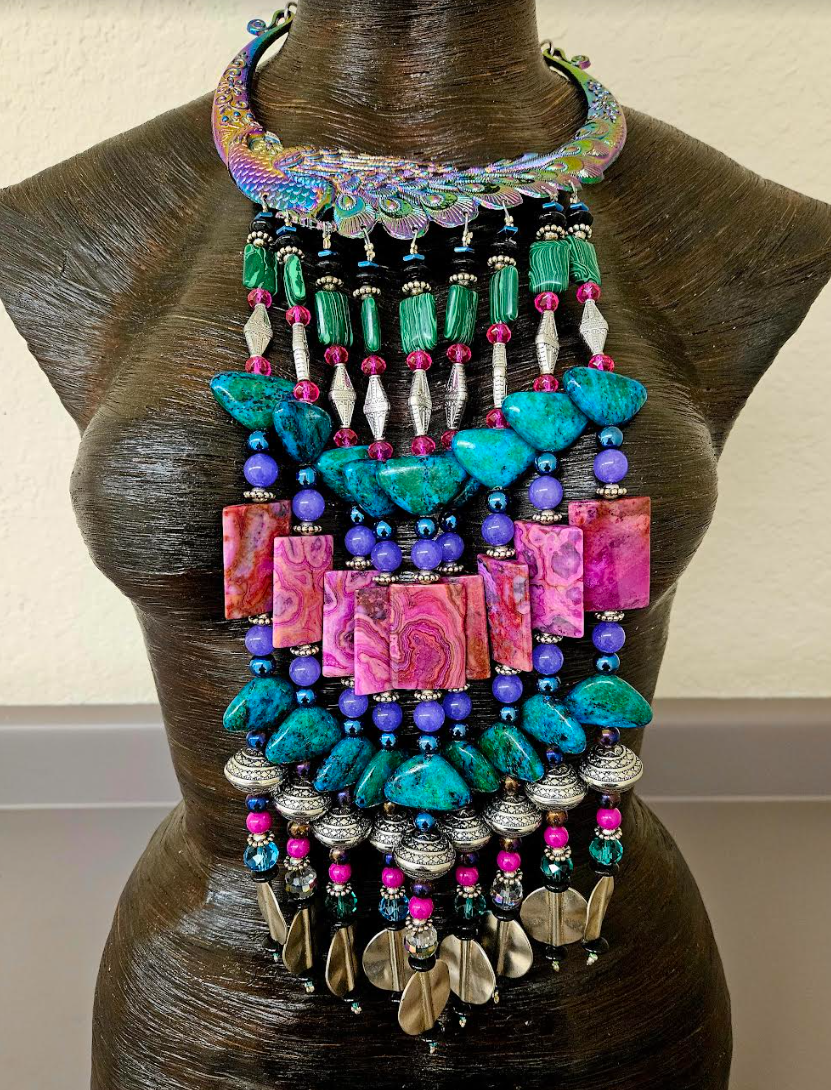 Museum Quality Jewel Tone Miao Peacock Torc with Beaded Waterfall Dangles - Catwalk Couture Luxury Beaded Chest Piece - Kat Kouture Jewelry - Award Show Accessory