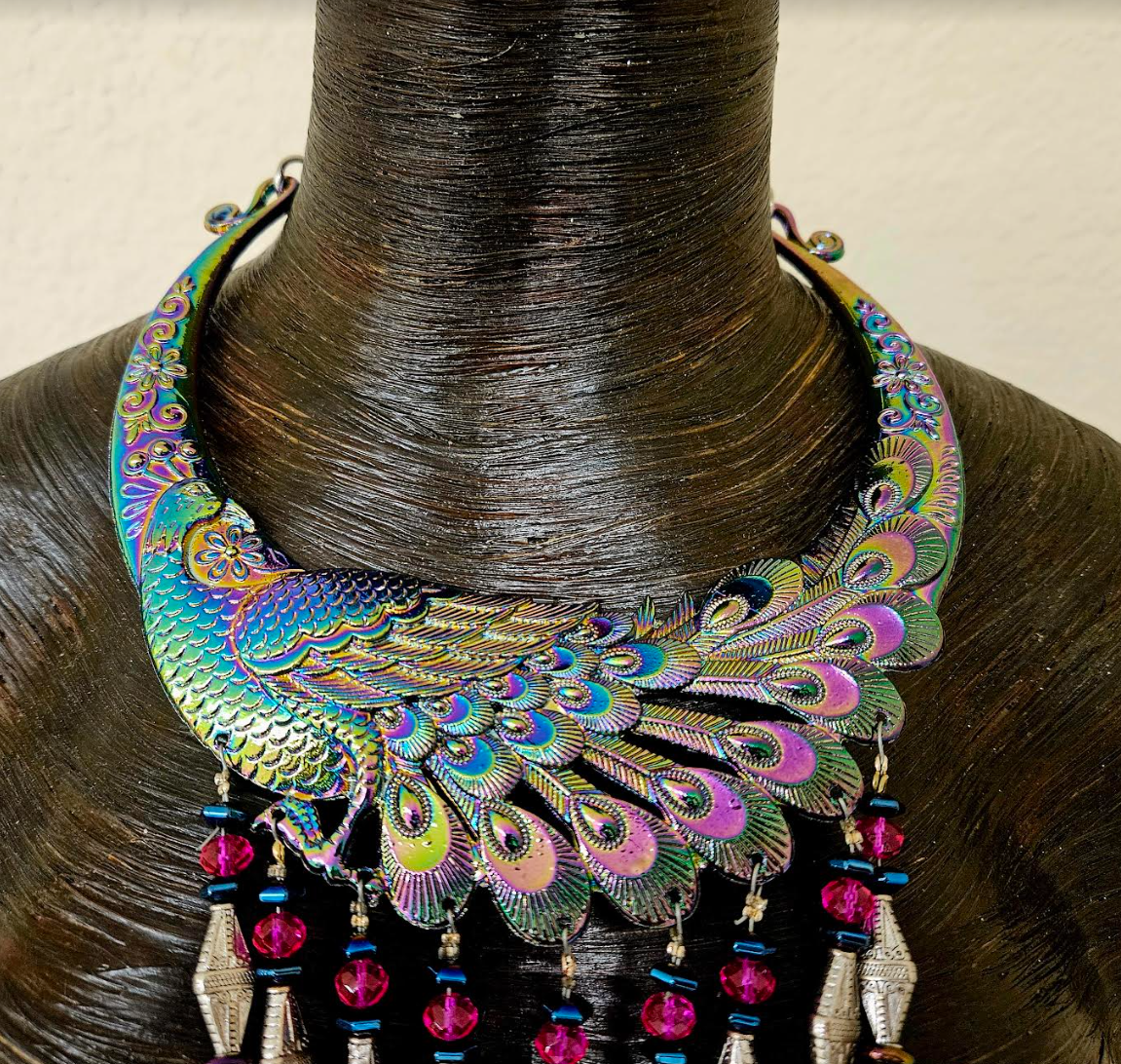 Beaded Rainbow Crystal Waterfall Torc Statement Necklace - Jewel Tone Haute Couture Miao Torque Beaded Dangle Chest Piece - Haute Couture Wearable Art Jewelry - Kat Kouture