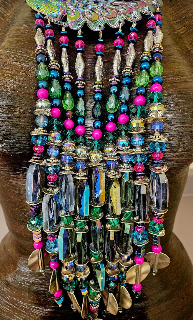 Beaded Rainbow Crystal Waterfall Torc Statement Necklace - Jewel Tone Haute Couture Miao Torque Beaded Dangle Chest Piece - Haute Couture Wearable Art Jewelry - Kat Kouture