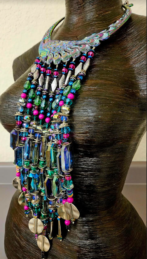 Beaded Rainbow Crystal Waterfall Torc Statement Necklace - Jewel Tone Haute Couture Miao Torque Beaded Dangle Chest Piece - Haute Couture Wearable Art Jewelry - Kat Kouture