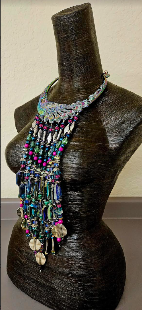 Beaded Rainbow Crystal Waterfall Torc Statement Necklace - Jewel Tone Haute Couture Miao Torque Beaded Dangle Chest Piece - Haute Couture Wearable Art Jewelry - Kat Kouture