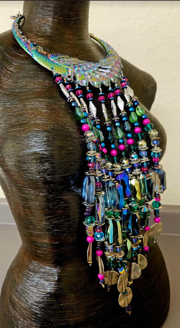 Beaded Rainbow Crystal Waterfall Torc Statement Necklace - Jewel Tone Haute Couture Miao Torque Beaded Dangle Chest Piece - Haute Couture Wearable Art Jewelry - Kat Kouture