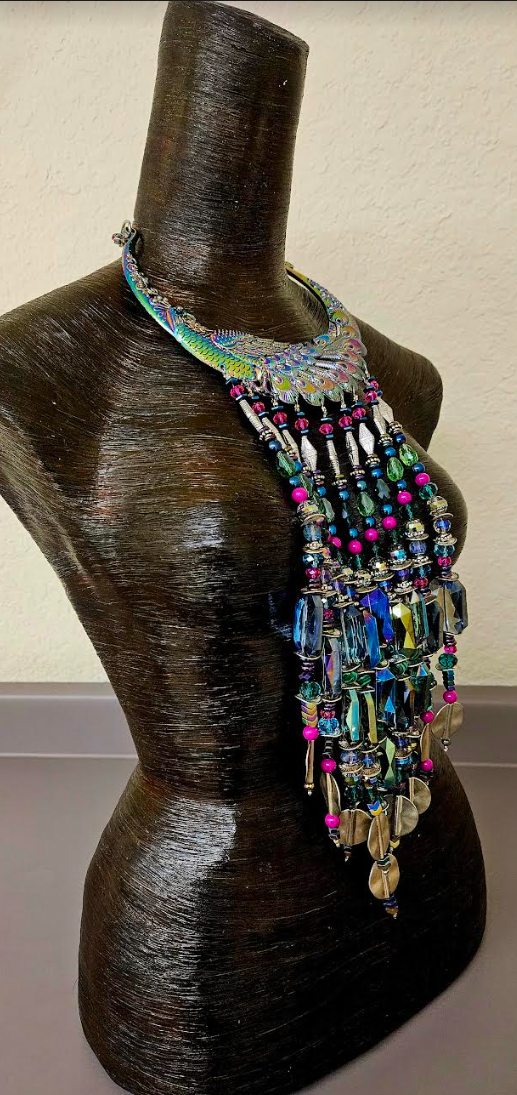 Beaded Rainbow Crystal Waterfall Torc Statement Necklace - Jewel Tone Haute Couture Miao Torque Beaded Dangle Chest Piece - Haute Couture Wearable Art Jewelry - Kat Kouture