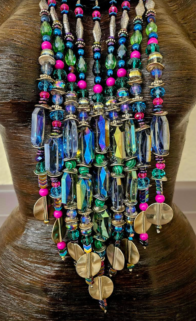 Beaded Rainbow Crystal Waterfall Torc Statement Necklace - Jewel Tone Haute Couture Miao Torque Beaded Dangle Chest Piece - Haute Couture Wearable Art Jewelry - Kat Kouture