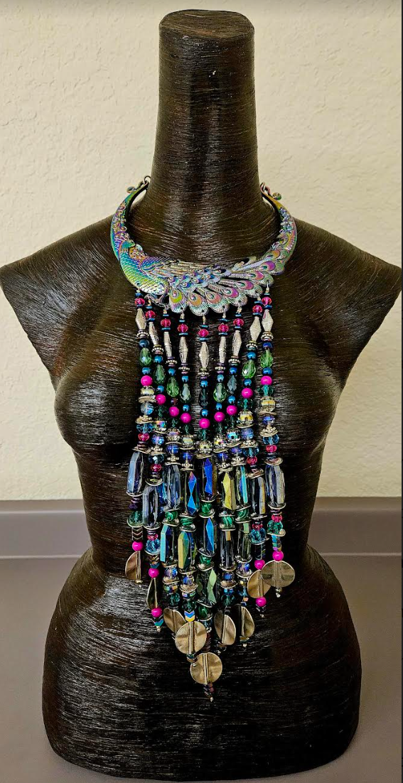 Beaded Rainbow Crystal Waterfall Torc Statement Necklace - Jewel Tone Haute Couture Miao Torque Beaded Dangle Chest Piece - Haute Couture Wearable Art Jewelry - Kat Kouture