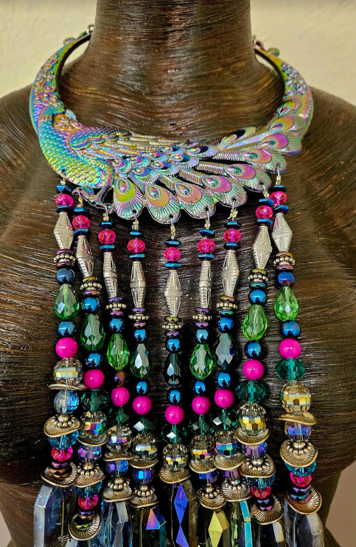 Beaded Rainbow Crystal Waterfall Torc Statement Necklace - Jewel Tone Haute Couture Miao Torque Beaded Dangle Chest Piece - Haute Couture Wearable Art Jewelry - Kat Kouture