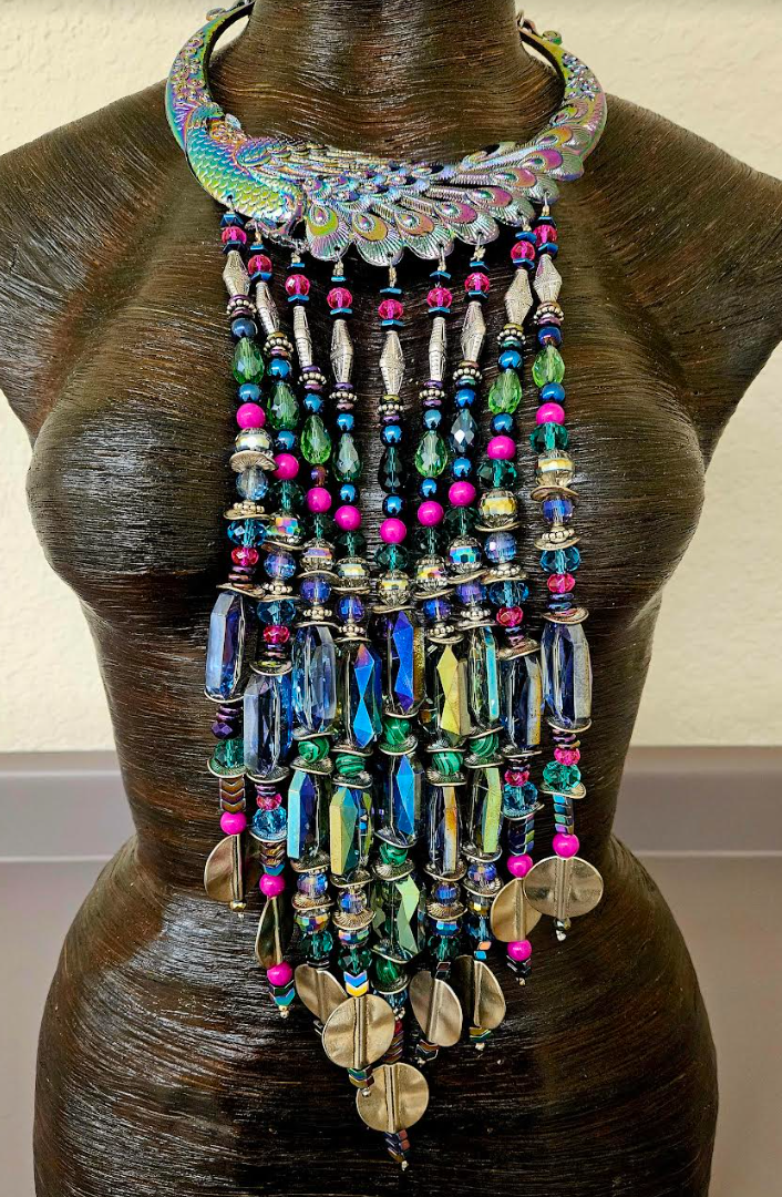 Beaded Rainbow Crystal Waterfall Torc Statement Necklace - Jewel Tone Haute Couture Miao Torque Beaded Dangle Chest Piece - Haute Couture Wearable Art Jewelry - Kat Kouture