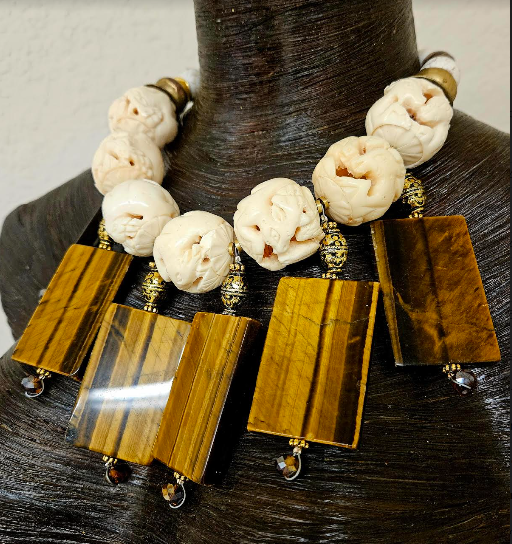Avant Garde Oversized Carved Bone & Tigers Eye Statement Necklace - Mens Earth Tone Beaded Haute Couture Chest Piece - Kat Kouture Jewelry