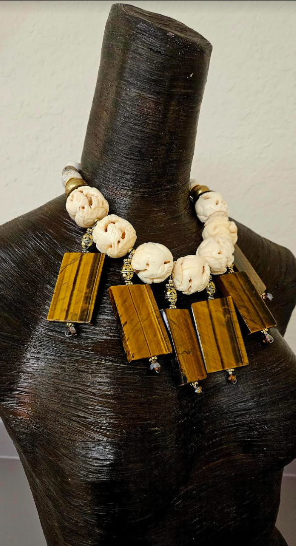 Avant Garde Oversized Carved Bone & Tigers Eye Statement Necklace - Mens Earth Tone Beaded Haute Couture Chest Piece - Kat Kouture Jewelry