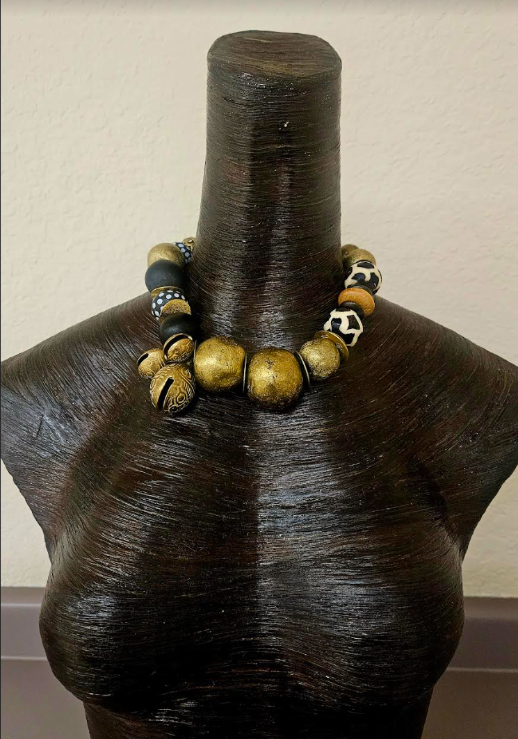 African Yoruba Brass & Zebu Bone Beaded Tribal Choker - Oversized Beaded Ethnic Statement Necklace for Petite Women - Kat Kouture Jewelry