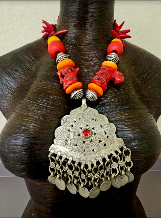 Vintage Waziri Ethnic Pendant with Red Coral Necklace - Unisex Ethnic Statement Pendant - Red Orange Silver Exotic Chest Piece - Kat Kouture Jewelry