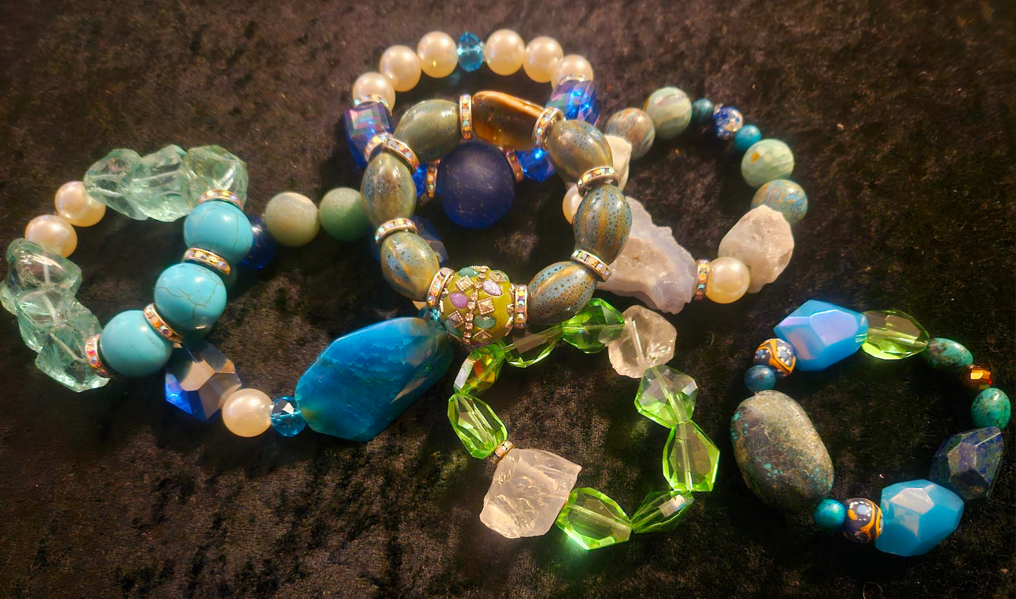 Blue and Green Beaded Stretch Bracelet Set - Bold Chunky Dramatic Stackable Bracelets - Kat Kouture Jewelry