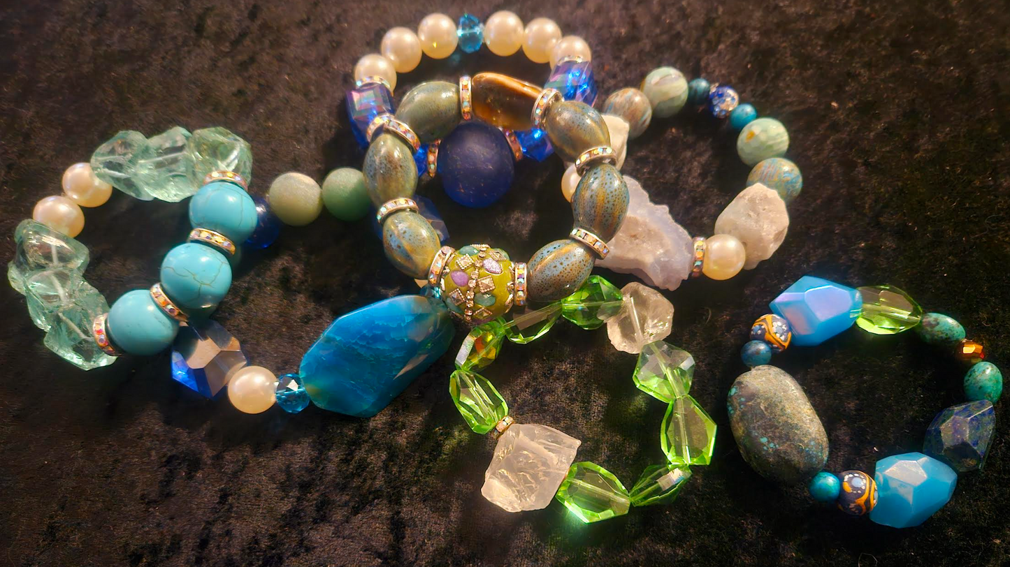 Blue and Green Beaded Stretch Bracelet Set - Bold Chunky Dramatic Stackable Bracelets - Kat Kouture Jewelry