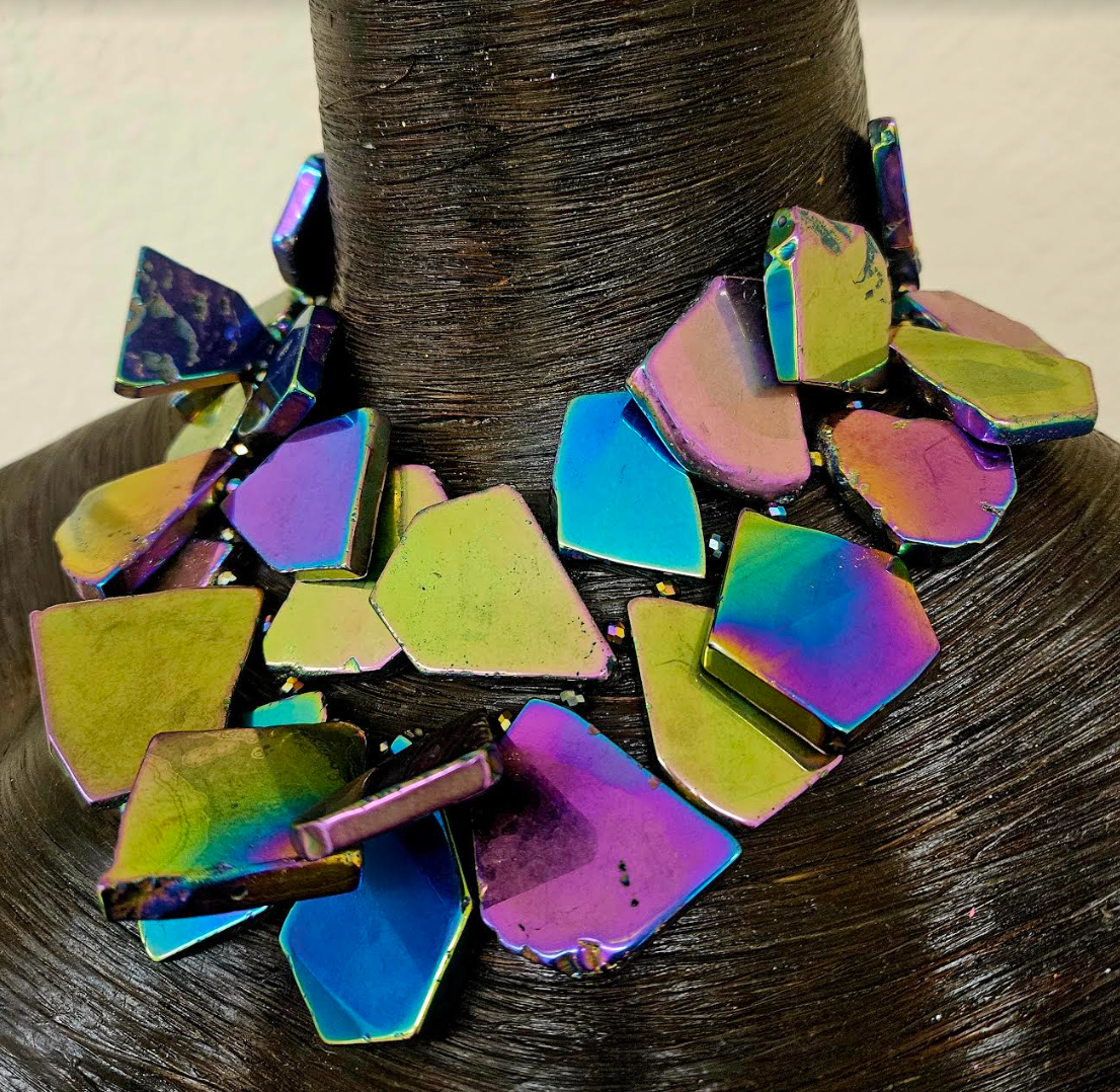 Rainbow Gemstone Slab Choker - Titanium Quartz Slice Statement Necklace - Jewel Tone Neck Candy for Petite Women - Kat Kouture Jewelry