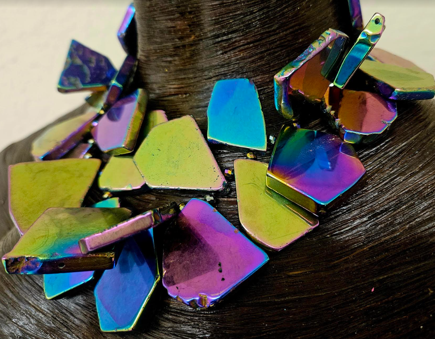 Rainbow Gemstone Slab Choker - Titanium Quartz Slice Statement Necklace - Jewel Tone Neck Candy for Petite Women - Kat Kouture Jewelry