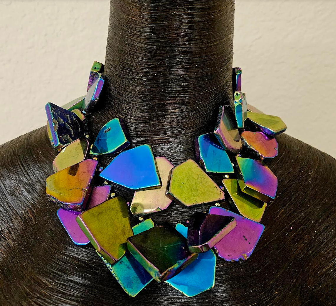 Rainbow Gemstone Slab Choker - Titanium Quartz Slice Statement Necklace - Jewel Tone Neck Candy for Petite Women - Kat Kouture Jewelry