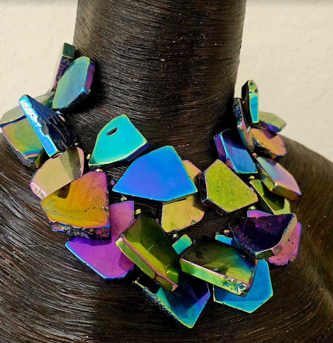 Rainbow Gemstone Slab Choker - Titanium Quartz Slice Statement Necklace - Jewel Tone Neck Candy for Petite Women - Kat Kouture Jewelry