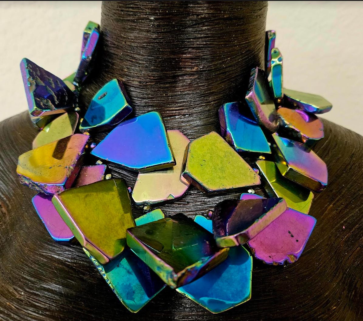 Rainbow Gemstone Slab Choker - Titanium Quartz Slice Statement Necklace - Jewel Tone Neck Candy for Petite Women - Kat Kouture Jewelry