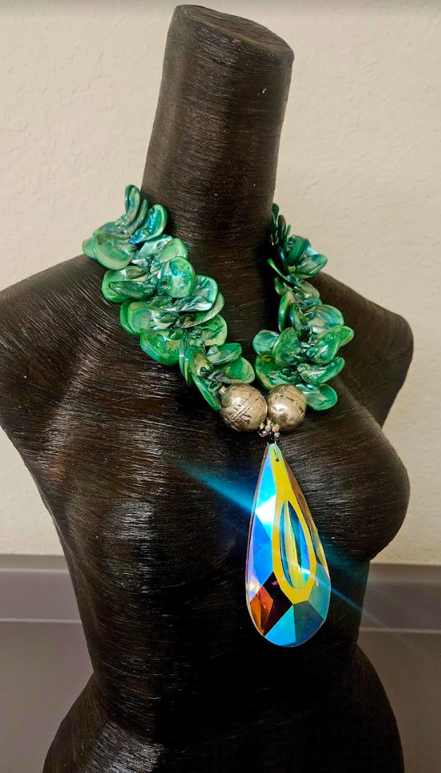 Green Aurora Borealis Shell Statement Necklace with Faceted Crystal Pendant - Showstopper Summer Neck Candy - Kat Kouture Jewelry