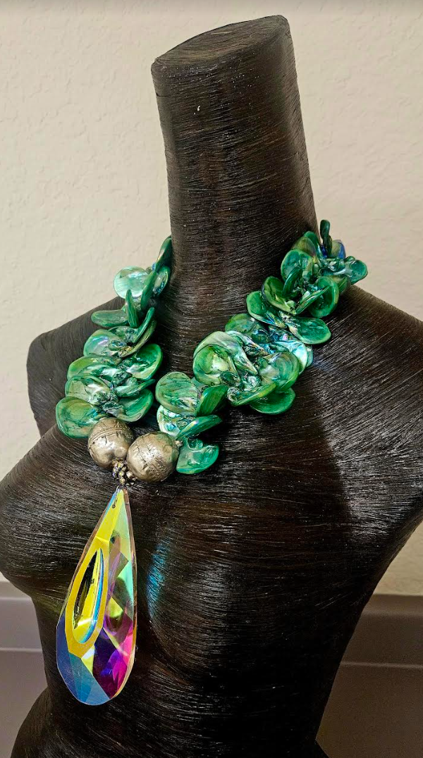 Green Aurora Borealis Shell Statement Necklace with Faceted Crystal Pendant - Showstopper Summer Neck Candy - Kat Kouture Jewelry