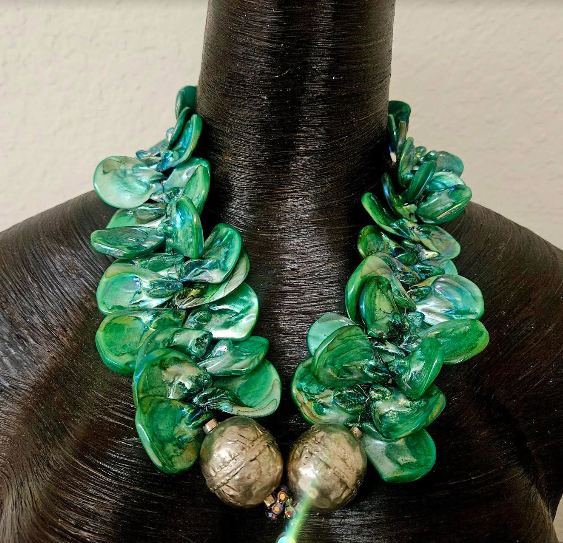 Green Aurora Borealis Shell Statement Necklace with Faceted Crystal Pendant - Showstopper Summer Neck Candy - Kat Kouture Jewelry