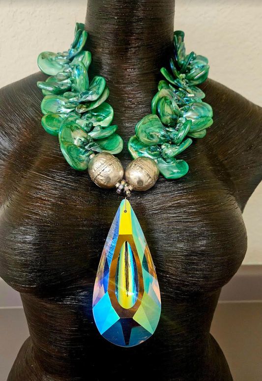 Green Aurora Borealis Shell Statement Necklace with Faceted Crystal Pendant - Showstopper Summer Neck Candy - Kat Kouture Jewelry