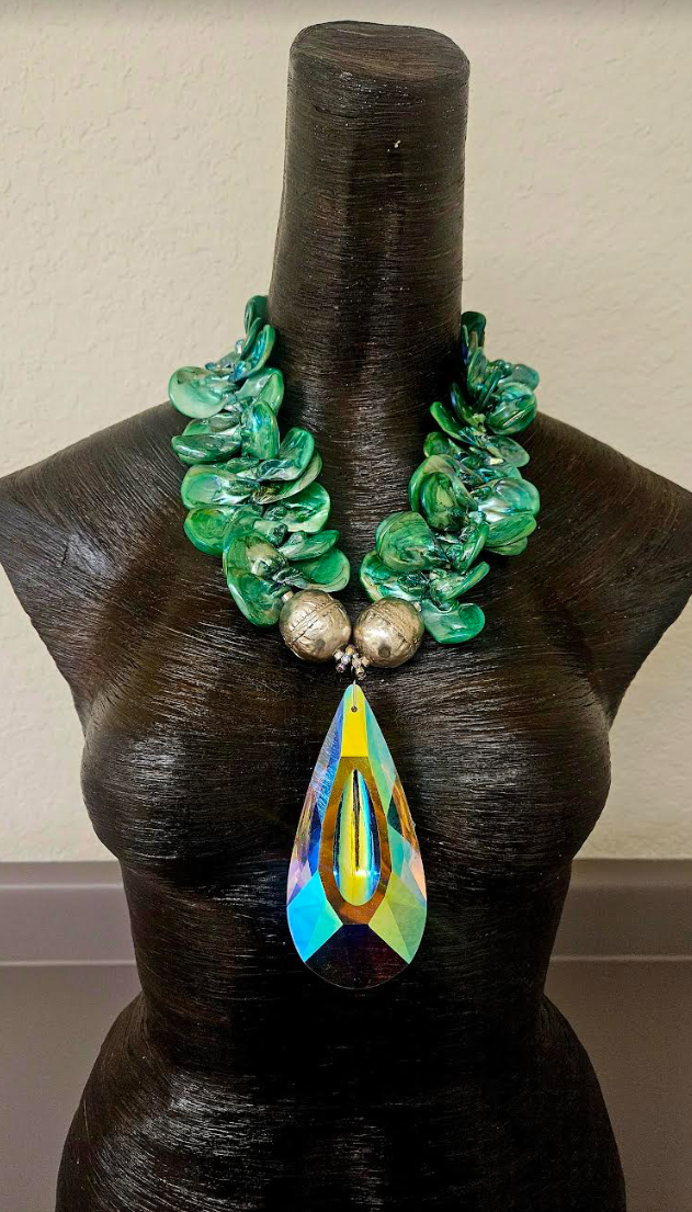 Green Aurora Borealis Shell Statement Necklace with Faceted Crystal Pendant - Showstopper Summer Neck Candy - Kat Kouture Jewelry