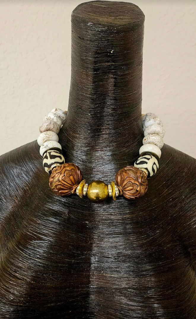 White Magnesite Rondelle Zebu Bone & Copper Repousse Luxury Necklace Set - Bold Chunky Heavy Haute Couture Statement Necklaces - Kat Kouture Jewelry - High End Summer Socialite Neck Candy