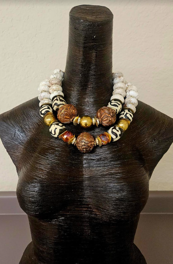 White Magnesite Rondelle Zebu Bone & Copper Repousse Luxury Necklace Set - Bold Chunky Heavy Haute Couture Statement Necklaces - Kat Kouture Jewelry - High End Summer Socialite Neck Candy